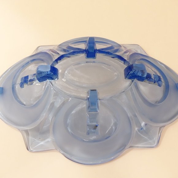 Art Deco large Blue lotus shaped pressed depression glass footed bowl 1920s - Picture 3 of 10